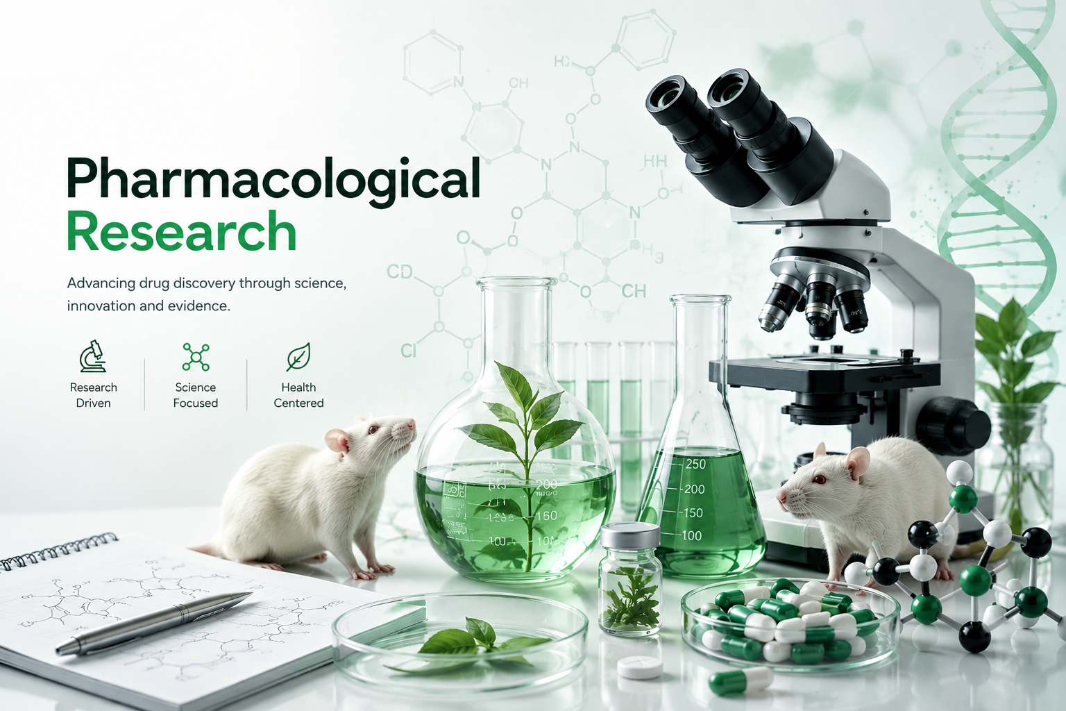 Pharmacological research scene with a microscope and green lab samples